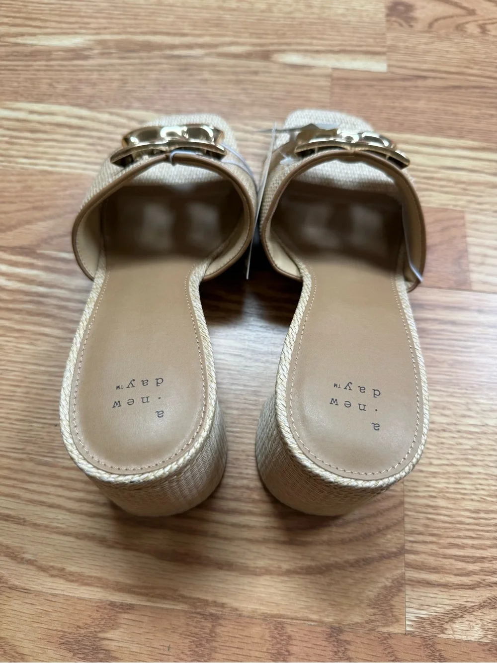 NWT A New Day Tan Raffia Gold Buckle Block Heel Sandals Size 11